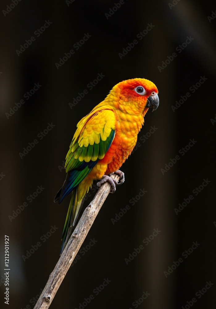 Obraz premium A vibrant parrot with bright yellow, orange, and green feathers perched gracefully on a thin branch against a dark background.