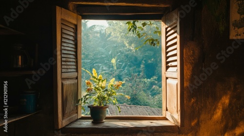 Tranquil Window View Lush Greenery and Potted Plant