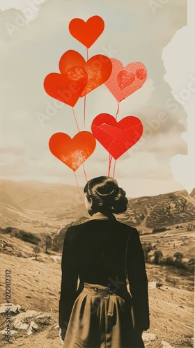 Woman with Heart Balloons Overlooking Valley photo