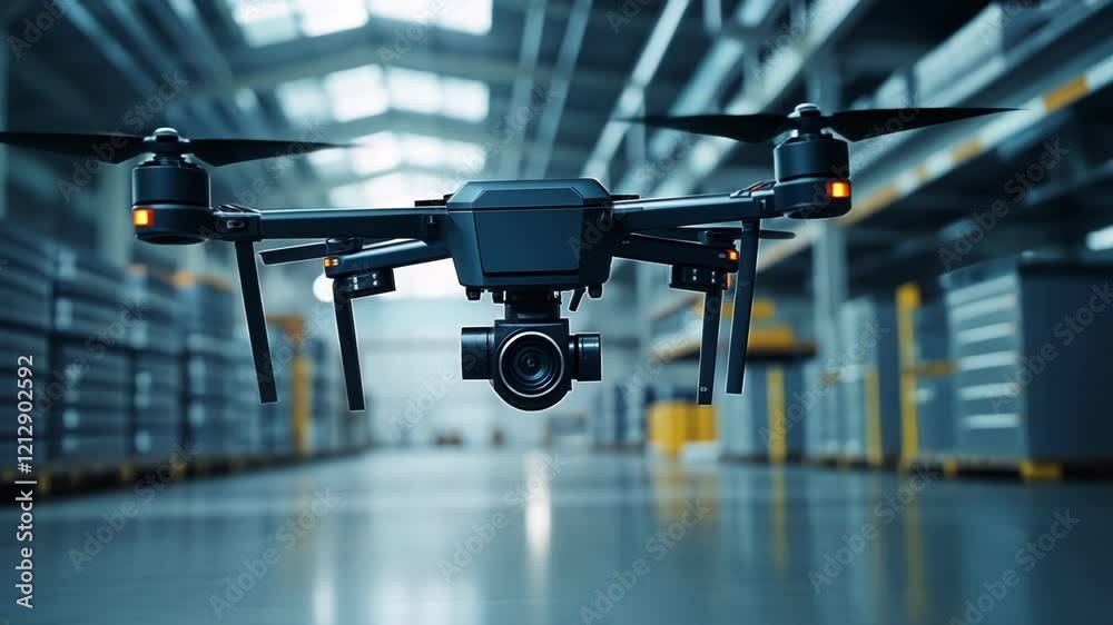 Modern quadcopter drone with camera flying through large industrial warehouse or factory building, monitoring and inspecting manufacturing operations