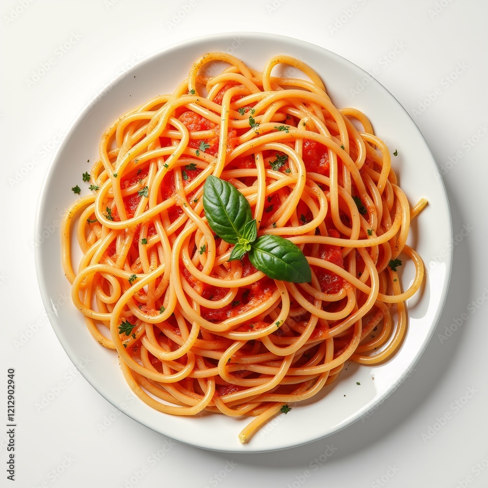 The image shows a plate of spaghetti on a white plate. The spaghetti is long and thin, and it is covered in a red tomato sauce. The sauce appears to be tomato-based and has a smooth texture. The image shows a plate of spaghetti on a white plate. The spaghetti is long and thin, and it is covered in a red tomato sauce. The sauce appears to be tomato-based and has a smooth texture.