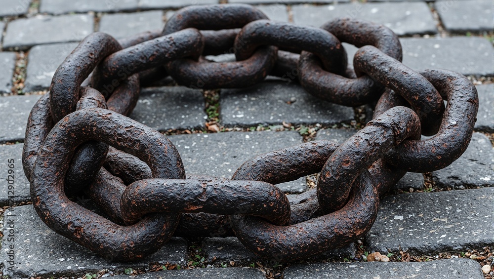 Rustic iron chain on cobblestone street weathered and rough evoking age and durability Rustic iron chain on cobblestone street weathered and rough evoking age and durability