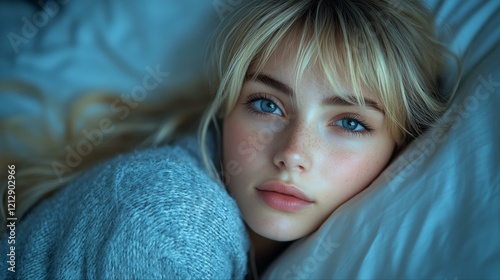 Woman With Blonde Hair Resting On Pillow In Bed  Close Up Of Face And Shoulders photo