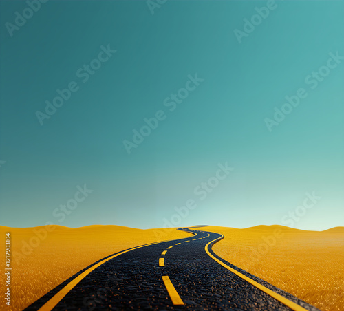 An abstract empty winding road into the distance on a yellow background