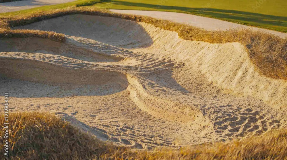 Fototapeta premium Sand pit in golf course sand bunker.. golf course sandpit background,Obstacle bunkers are used for golf tournaments.