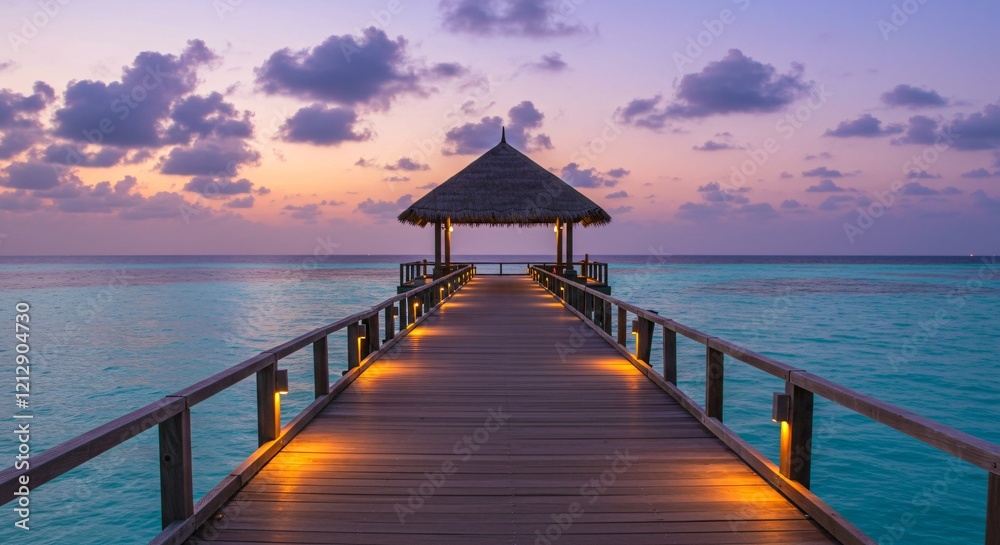 A tranquil wooden pier leads to a thatched gazebo overlooking a serene ocean, under a vibrant sunset with soft clouds. A tranquil wooden pier leads to a thatched gazebo overlooking a serene ocean, under a vibrant sunset with soft clouds.