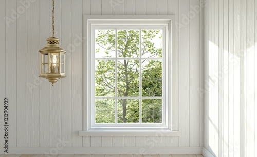 In a rustic wooden house  a white window featuring a mosquito net overlooks the garden  capturing a shallow depth of field