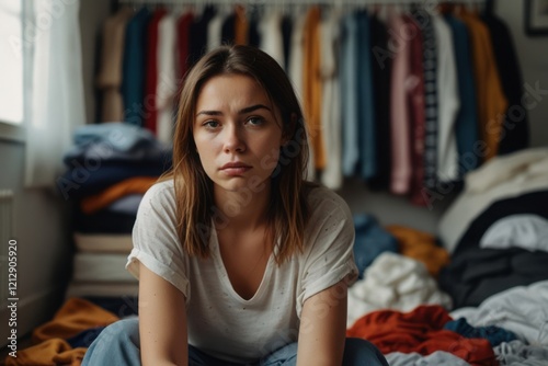 Sad woman alone in a room filled with things. Concept of the need for recycling, overconsumption