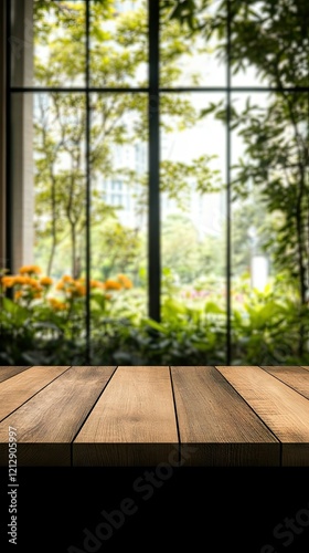 Vibrant garden view through large windows with a wooden table in the foreground at a tranquil daytime setting