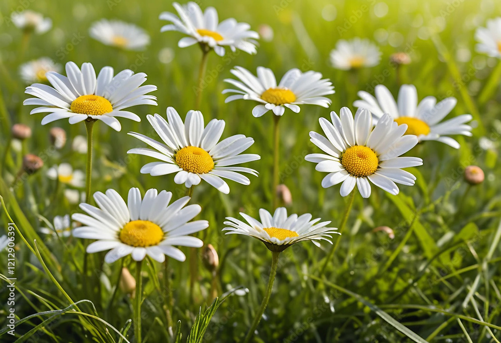 Fresh Blooming Daisies Close-up Against Vibrant Green Background with Copy Space Fresh Blooming Daisies Close-up Against Vibrant Green Background with Copy Space
