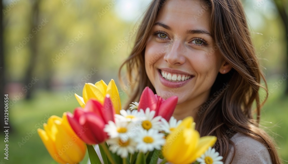 Smiling woman holding bouquet of colorful spring flowers. Smiling woman holding bouquet of colorful spring flowers.