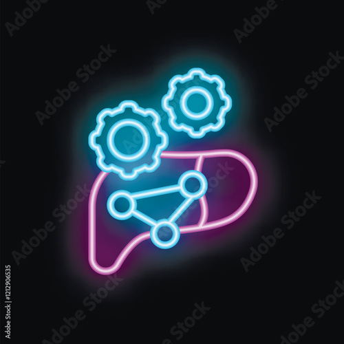 Neon icon of a liver with cogs and a network, representing the use of modern technologies in hepatology