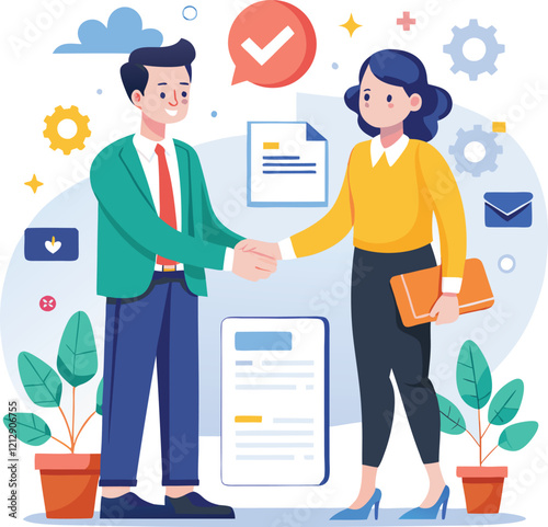 People shaking hands at work - Two businesspeople, man and woman doing handshake in office at work while smiling over business agreement and deal. Flat design stock illustration on white background