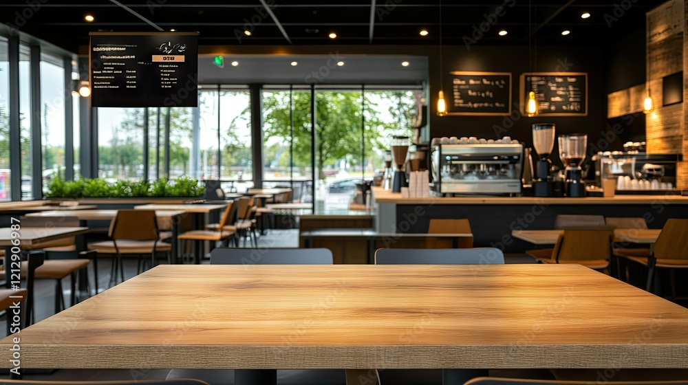 Modern cafe interior with spacious seating and large windows showcasing outdoor greenery during daytime Modern cafe interior with spacious seating and large windows showcasing outdoor greenery during daytime