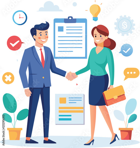 People shaking hands at work - Two businesspeople, man and woman doing handshake in office at work while smiling over business agreement and deal. Flat design stock illustration on white background