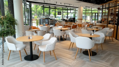 Stylish caf   interior featuring modern furniture and bright natural light in a busy urban environment