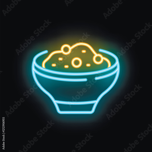 Neon sign depicting a bowl overflowing with delicious food, perfect for restaurant advertisements or food related designs