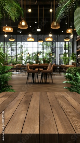 Cozy interior of a modern caf   with wooden flooring and lush greenery in view  perfect for relaxation and social gatherings