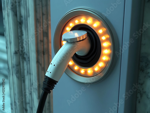 Closeup of an electric vehicle charging connector plugged into a modern charging station. photo