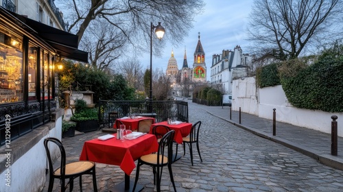 A charming cobblestone street featuring outdoor dining is beautifully illuminated at twilight, with a vibrant, colorful church in the background photo