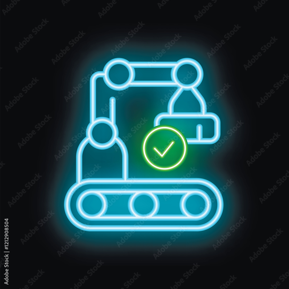 Neon icon of an automated recruitment process with a robotic arm picking a candidate from a conveyor belt and a green check mark Neon icon of an automated recruitment process with a robotic arm picking a candidate from a conveyor belt and a green check mark