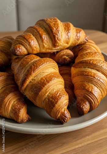 A plate of golden, flaky croissants with a glossy finish, perfectly baked and ready to enjoy, set on a wooden table. photo