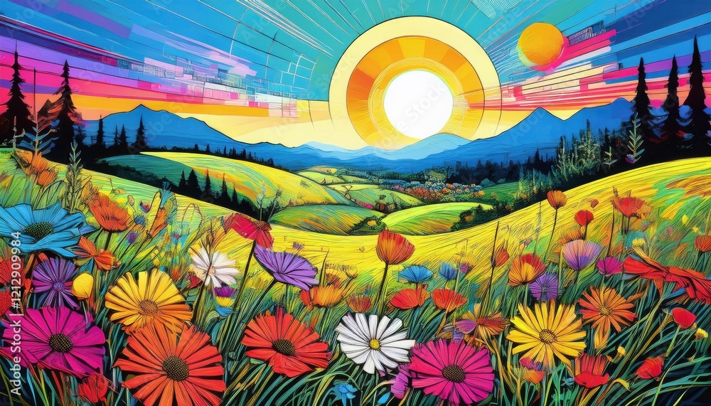 Obraz premium Colorful flowers bloom in a lively meadow as the sun rises over distant mountains during spring.