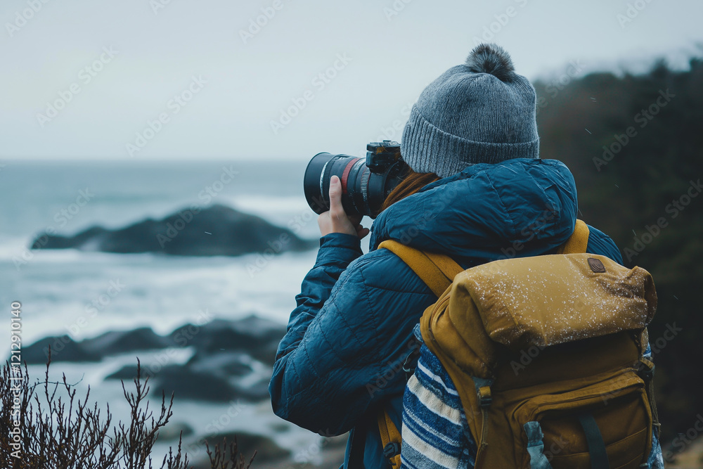 Fototapeta premium A dedicated photographer captures stunning ocean scenery by the shore.