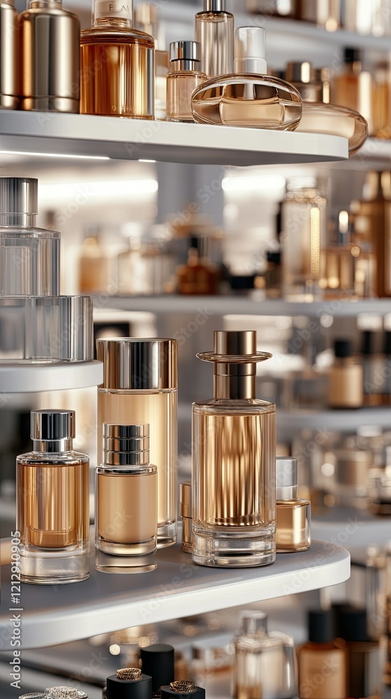 Collection of elegant perfume bottles displayed on modern shelves in a bright boutique showcasing luxury fragrances and designs Collection of elegant perfume bottles displayed on modern shelves in a bright boutique showcasing luxury fragrances and designs