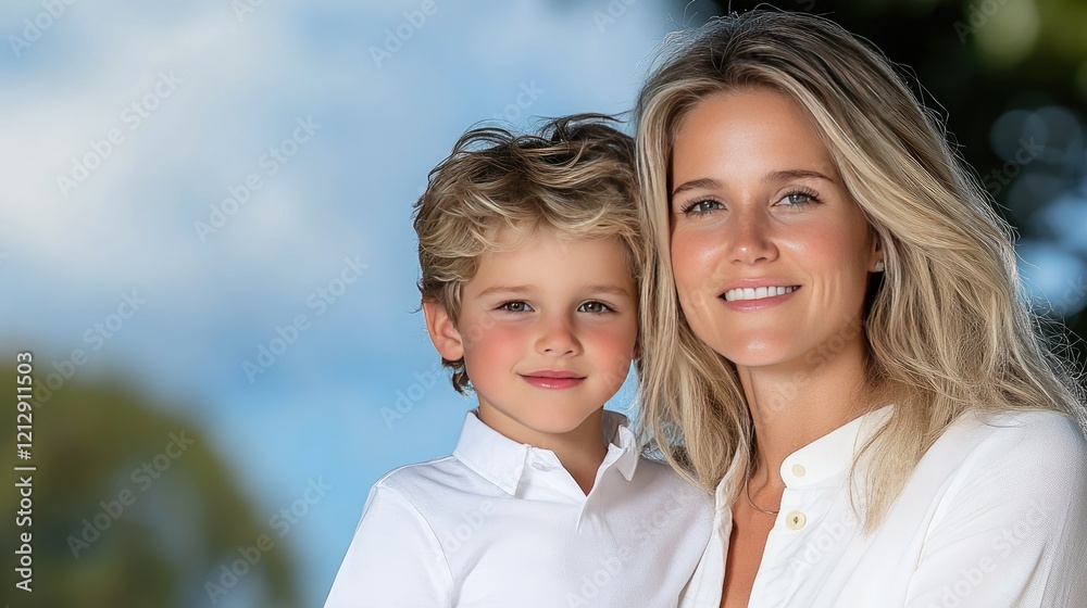 Mother and son enjoying a warm summer day outdoors with smiles and gentle sunlight illuminating their faces Mother and son enjoying a warm summer day outdoors with smiles and gentle sunlight illuminating their faces