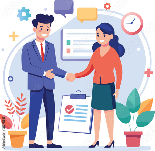 People shaking hands at work - Two businesspeople, man and woman doing handshake in office at work while smiling over business agreement and deal. Flat design stock illustration on white background