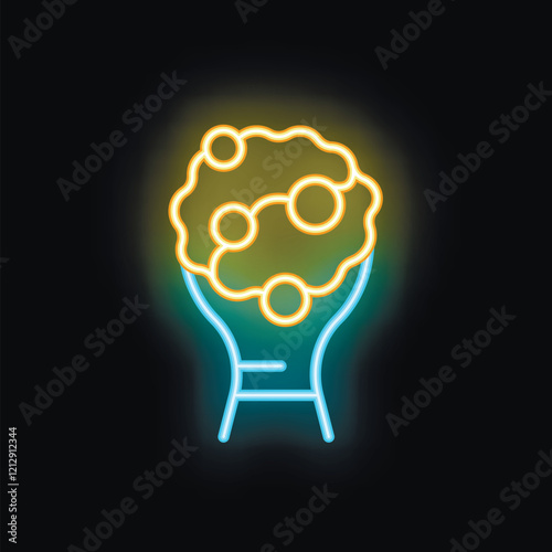 Glowing neon icon of a human brain enclosed in the glass of a light bulb, symbolizing the generation of ideas