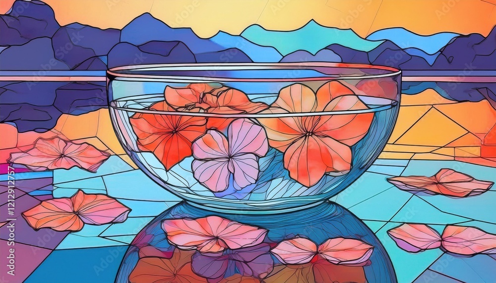 Εκτύπωση καμβά A serene bowl filled with spring flowers floats on calm water, creating a lively display of colors