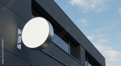 A modern round lightbox sign mounted on the sleek exterior of a gray building under a partly cloudy sky. photo