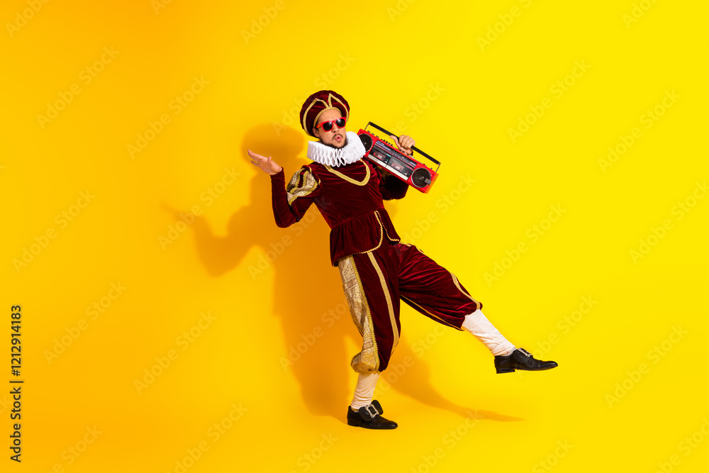 Fototapeta premium Historical-themed character in vibrant clothing juxtaposed with modern elements for a creative and humorous expressive artistic concept