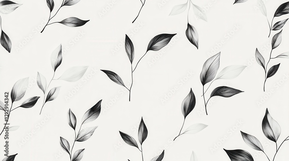 Fototapeta premium Seamless Black and White Botanical Pattern with Hand-Drawn Leaves, Nature Design, Minimalist Style