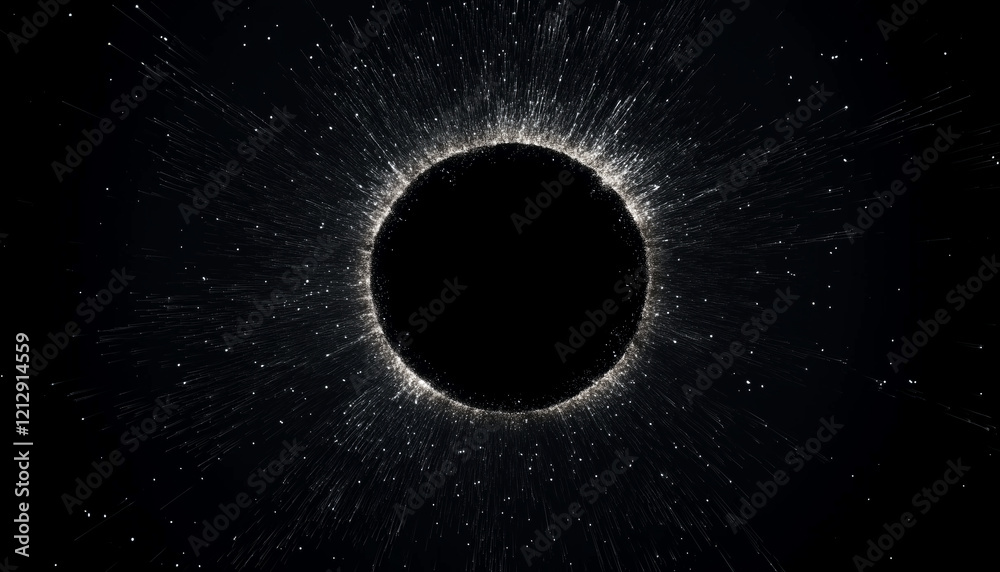 Artistic image of a black circle surrounded by radiant white streaks against a pitch-black background, evoking cosmic energy and mystery Artistic image of a black circle surrounded by radiant white streaks against a pitch-black background, evoking cosmic energy and mystery