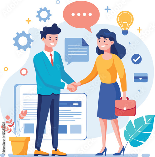 People shaking hands at work - Two businesspeople, man and woman doing handshake in office at work while smiling over business agreement and deal. Flat design stock illustration on white background