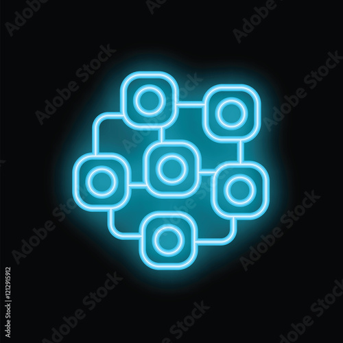 Neon blue blockchain network glowing on a black background, representing the concept of cryptocurrency and decentralized finance