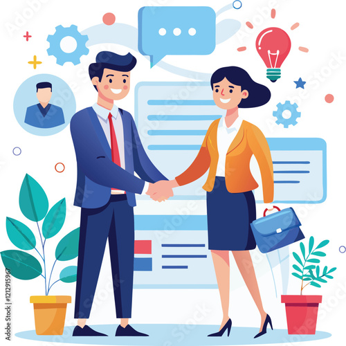 People shaking hands at work - Two businesspeople, man and woman doing handshake in office at work while smiling over business agreement and deal. Flat design stock illustration on white background
