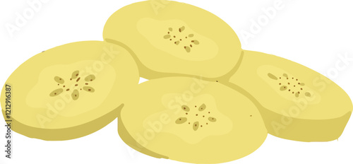 Hand drawn fresh banana slices. Four pieces of fruit lie in pile.