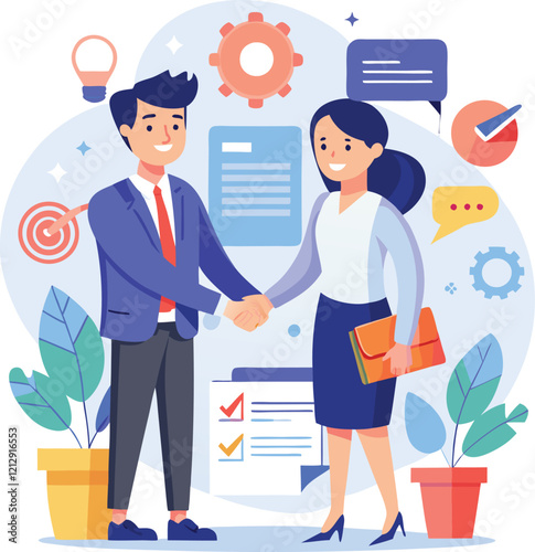 People shaking hands at work - Two businesspeople, man and woman doing handshake in office at work while smiling over business agreement and deal. Flat design stock illustration on white background
