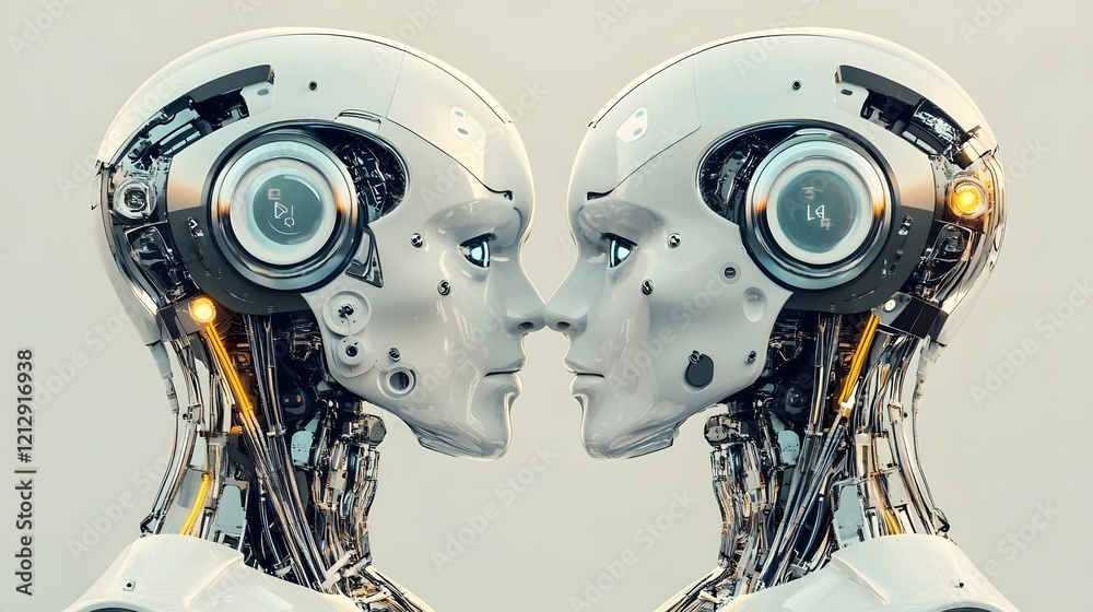 Fototapeta premium Two humanoid robots facing each other, showcasing advanced technology and design.