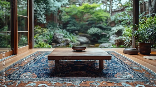 Cozy interior a traditional Japanese house overlooking a well-kept garden. In the center the room, there is a low wooden table on a carpet with oriental patterns.