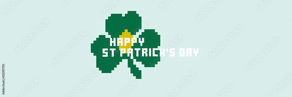 A minimalist Saint Patrick's Day poster design with a pixel theme. There's a green shamrock with a yellow center. The text A minimalist Saint Patrick's Day poster design with a pixel theme. There's a green shamrock with a yellow center. The text
