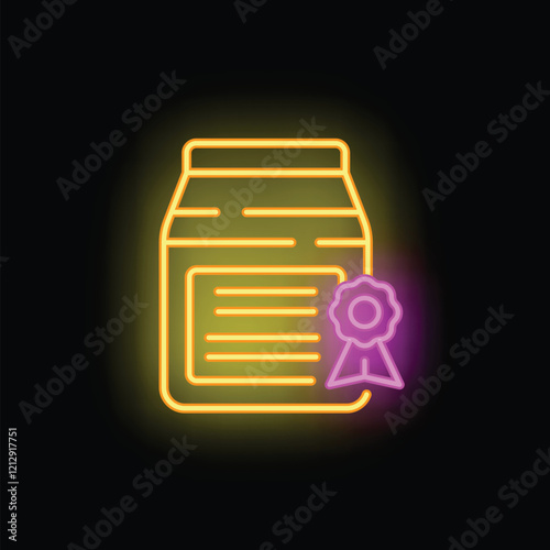 Yellow and purple neon sign depicting a certified product box, conveying trust and quality