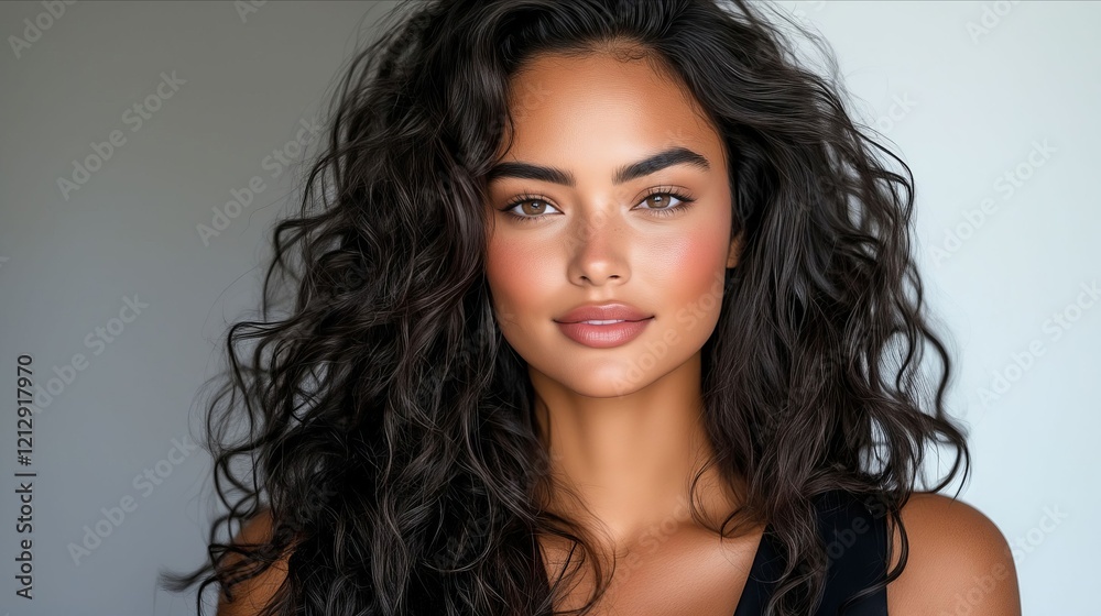 Naklejka premium A woman with long dark brown hair and a black top