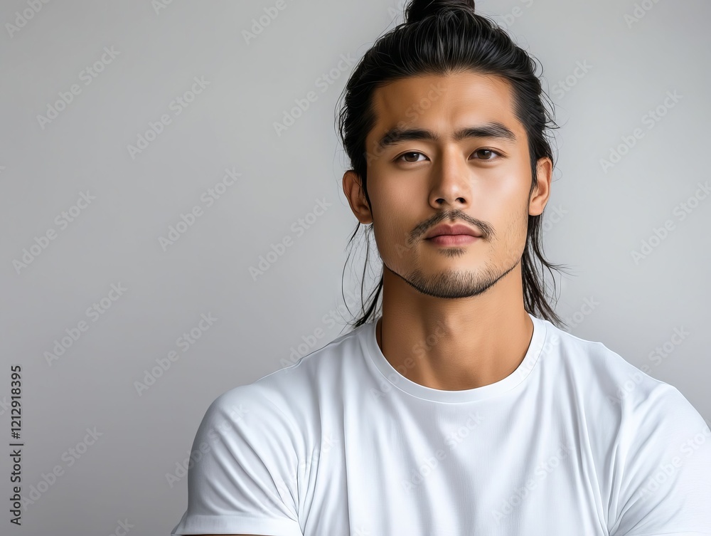 Fototapeta premium A man with long hair and a white shirt is looking at the camera