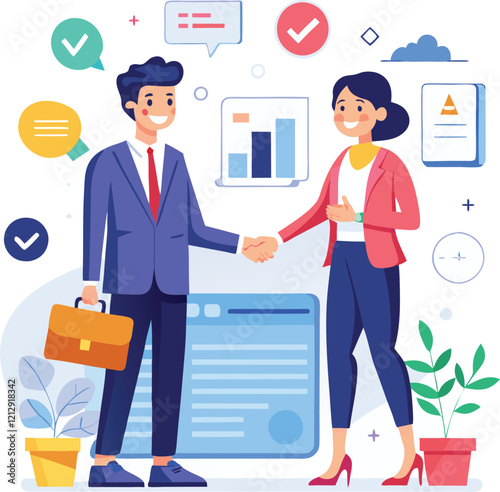 People shaking hands at work - Two businesspeople, man and woman doing handshake in office at work while smiling over business agreement and deal. Flat design stock illustration on white background