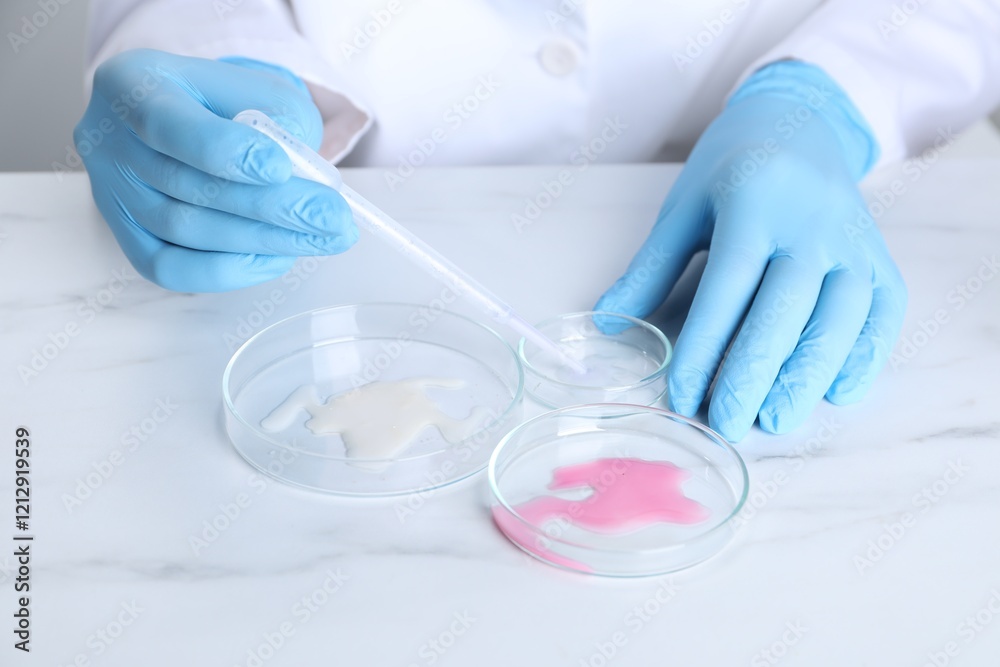 Laboratory testing. Scientist working with Petri dishes at white marble table, closeup Laboratory testing. Scientist working with Petri dishes at white marble table, closeup